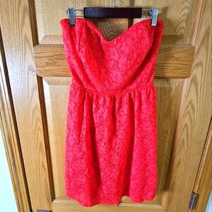 RUE 21, Strapless lace dress, coral, sz. L teen. Open back. Mini dress.